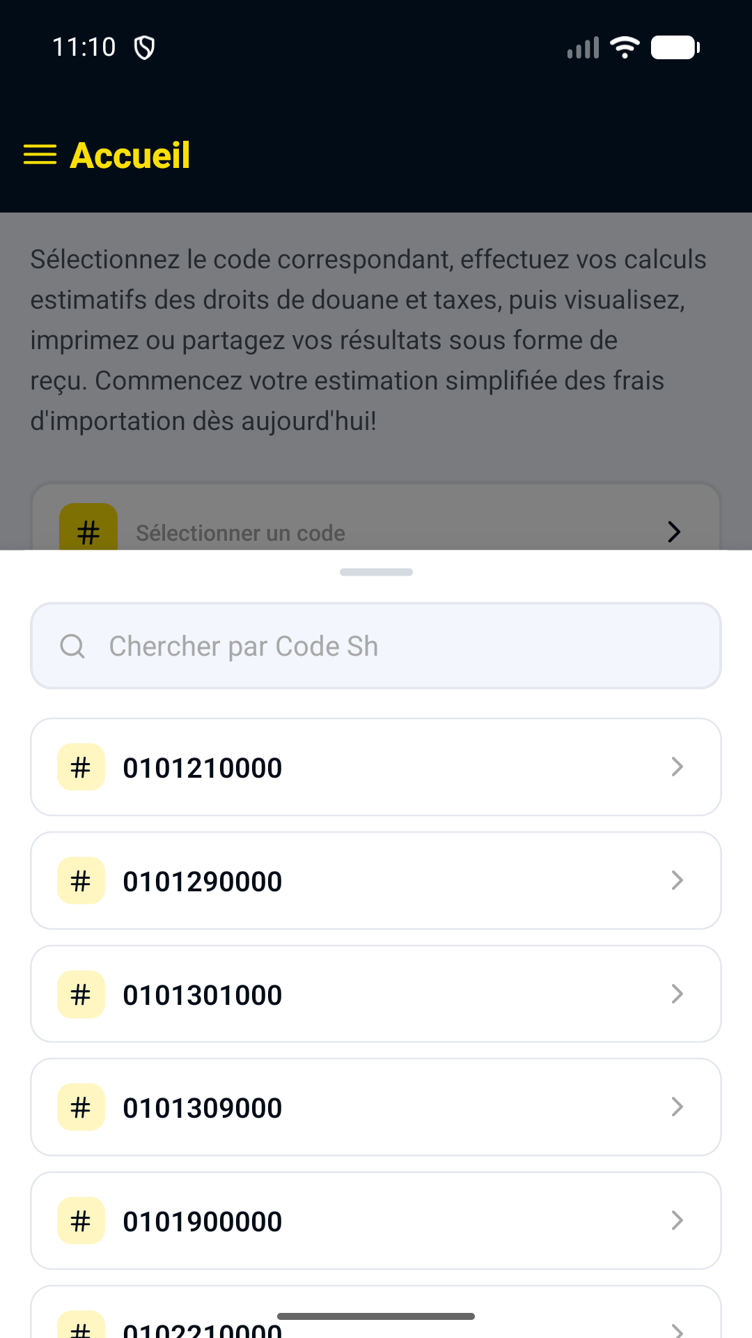 Écrans de l'application Easy Custom : recherche de code SH, calcul des droits et reçu